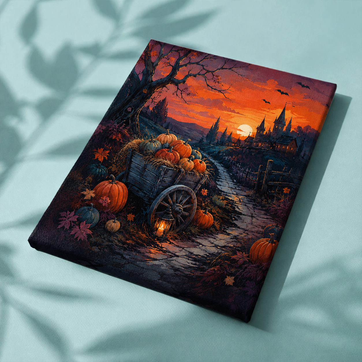 Afgewerkt canvas De pompoenkar in de avondgloed op stof