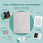 Inhoud van het schilderen-op-nummerpakket De vuurplaats van de bosheks