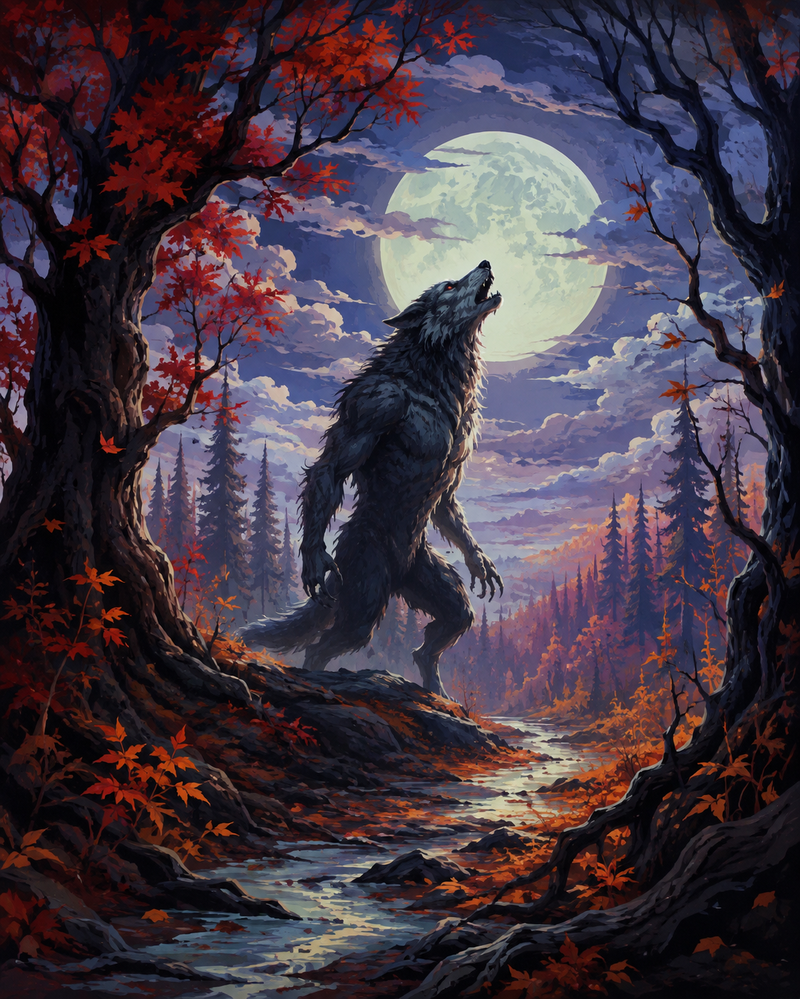 Schilderen op nummer De weerwolf in het rode bos – Halloween