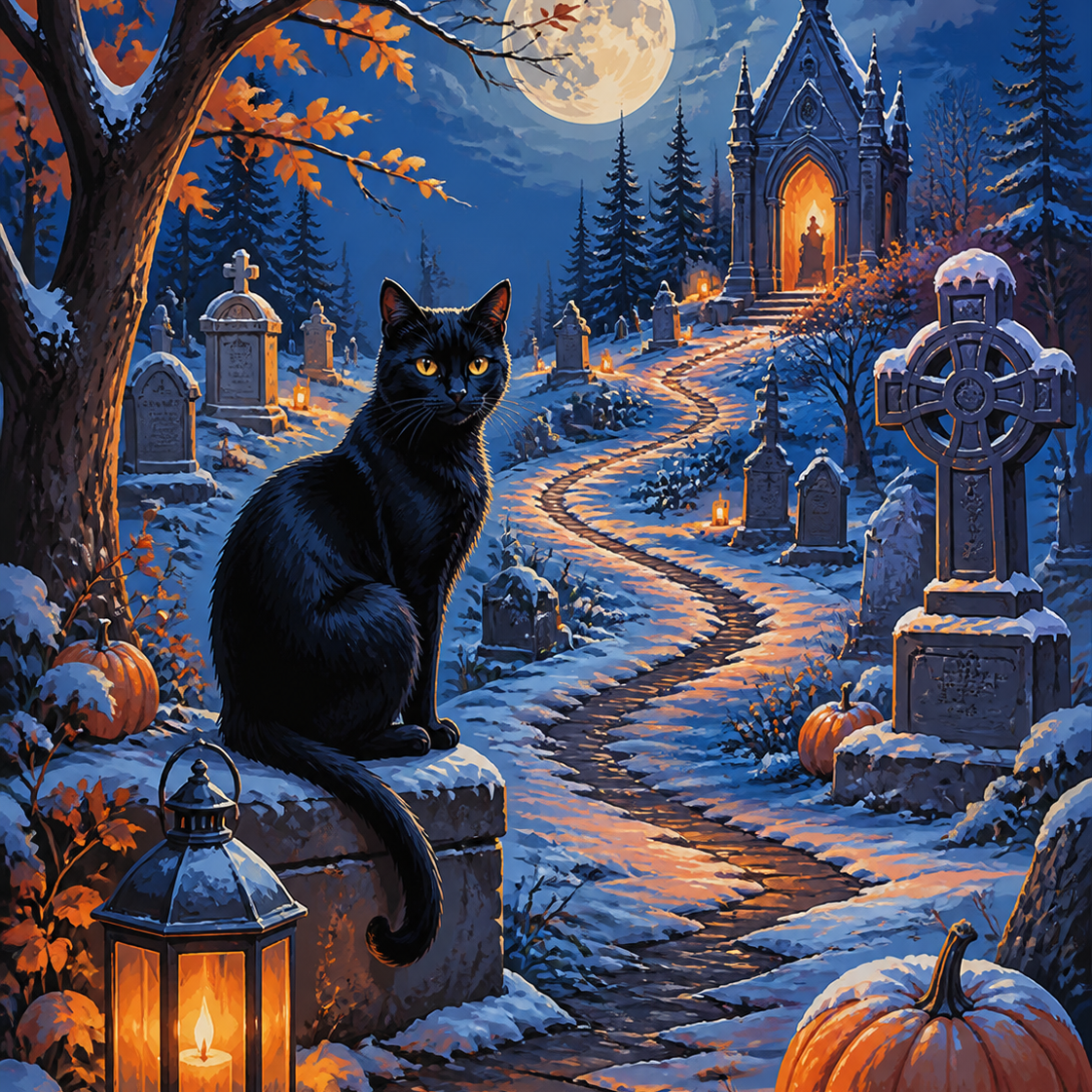 Schilderen op nummer De zwarte kat op het winterkerkhof – Halloween