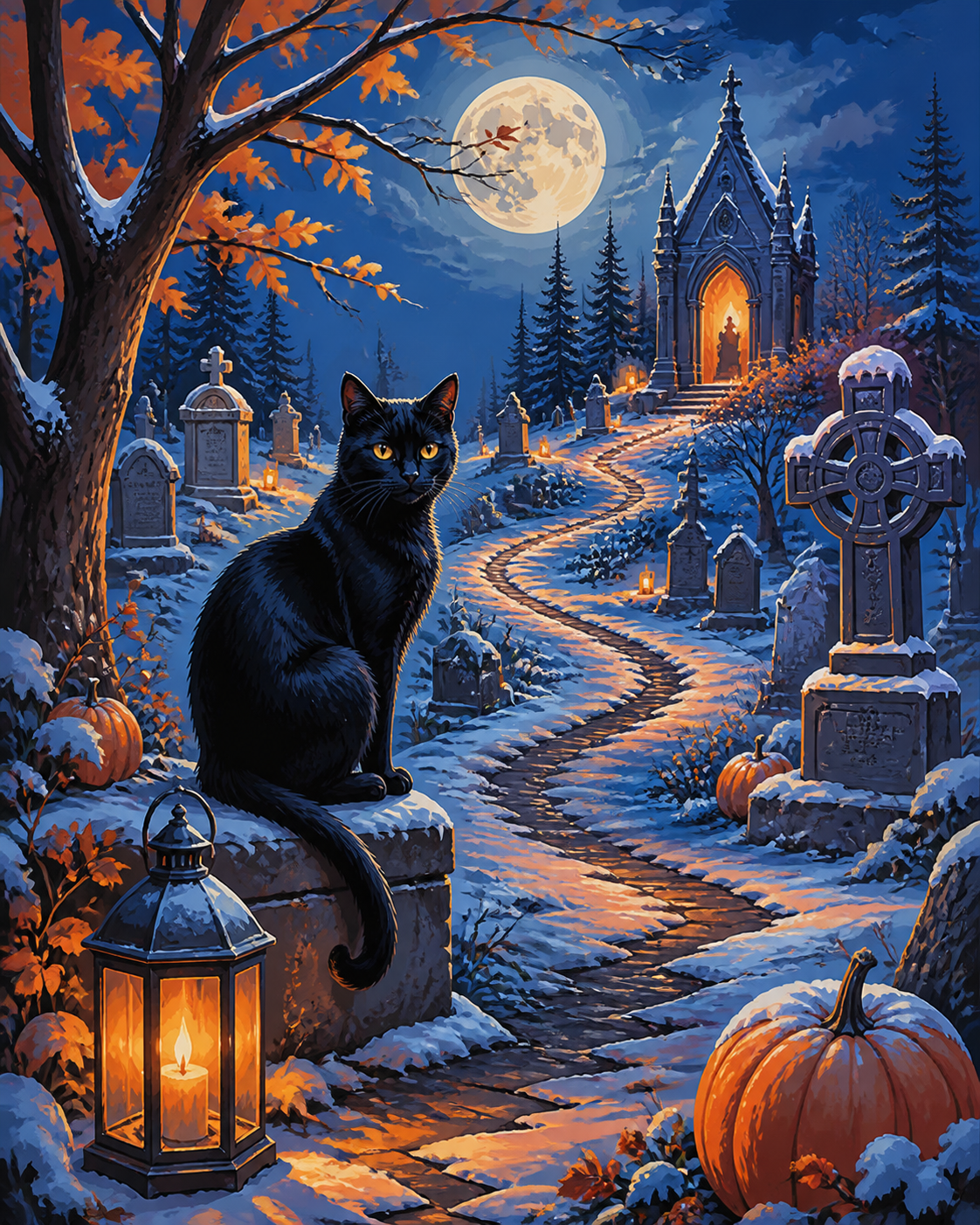 Schilderen op nummer De zwarte kat op het winterkerkhof – Halloween