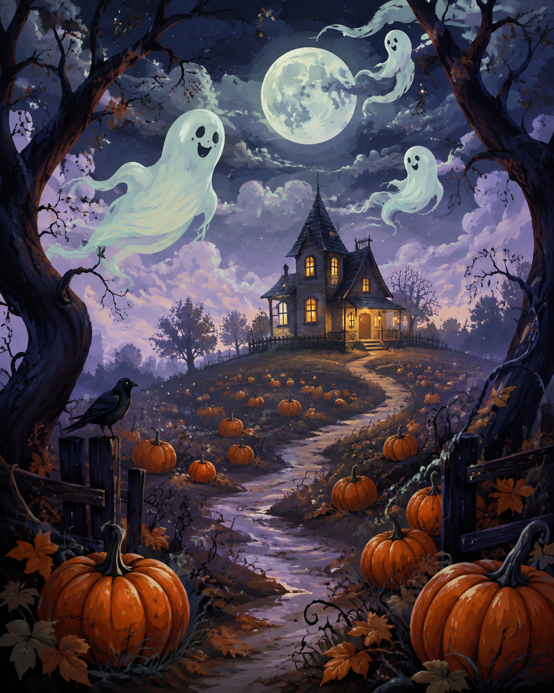 Schilderen op nummer Geesten boven het pompoenveld – Halloween