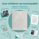 Inhoud van het schilderen-op-nummerpakket Geesten boven het pompoenveld