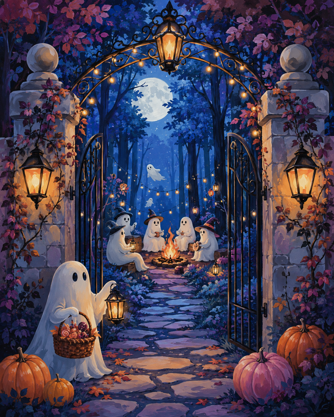 Schilderen op nummer Geestenbijeenkomst in het blauwe bos – Halloween