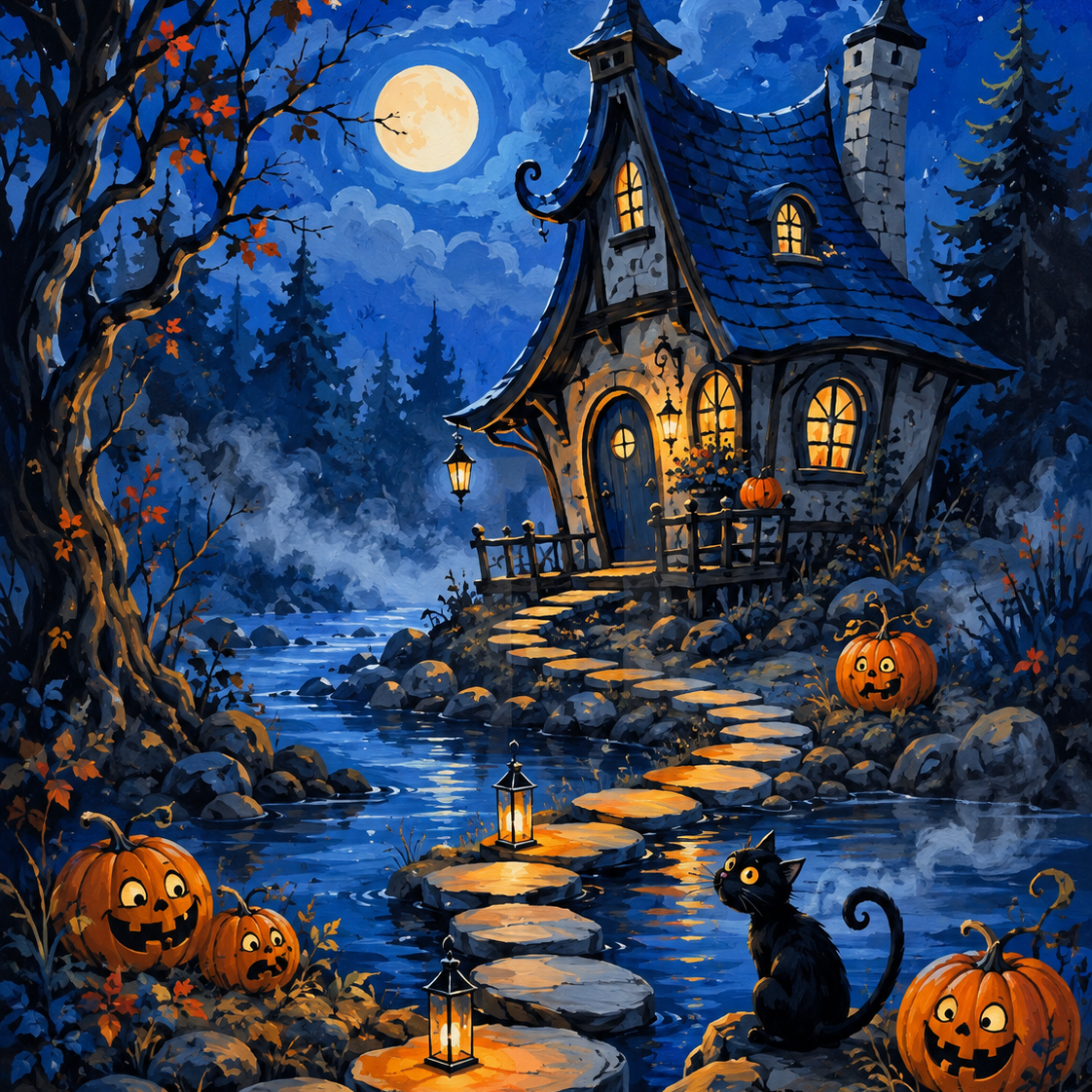 Schilderen op nummer Het geheimzinnige huisje aan de beek – Halloween