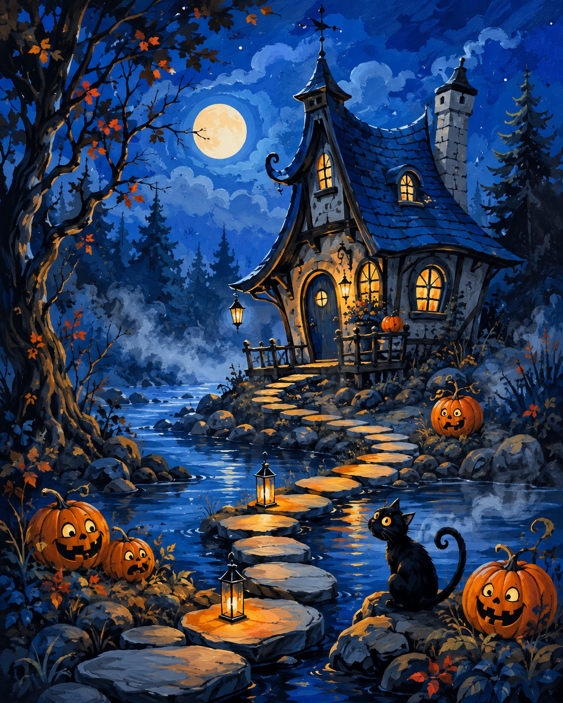 Schilderen op nummer Het geheimzinnige huisje aan de beek – Halloween