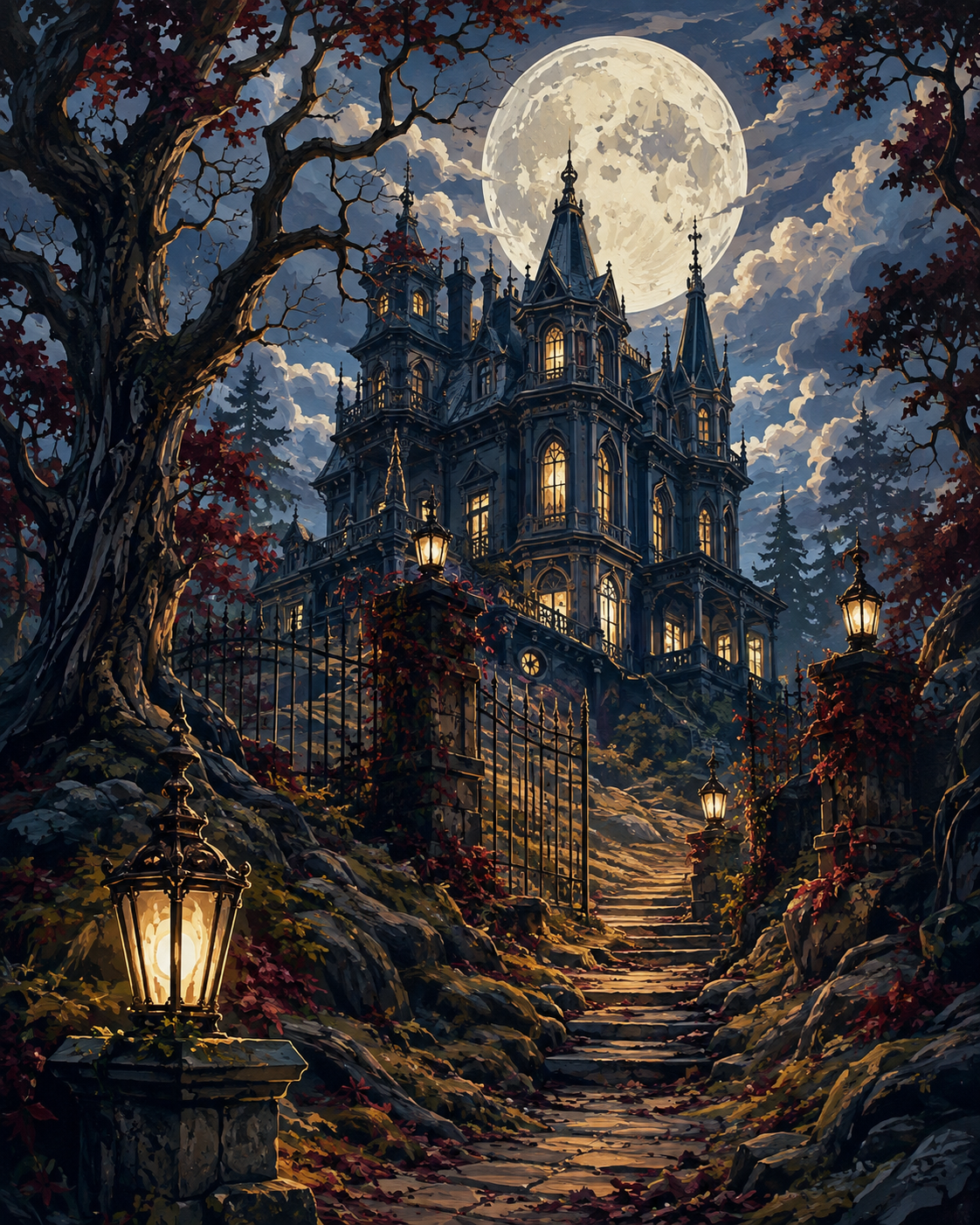 Schilderen op nummer Het landhuis in het maanbos – Halloween