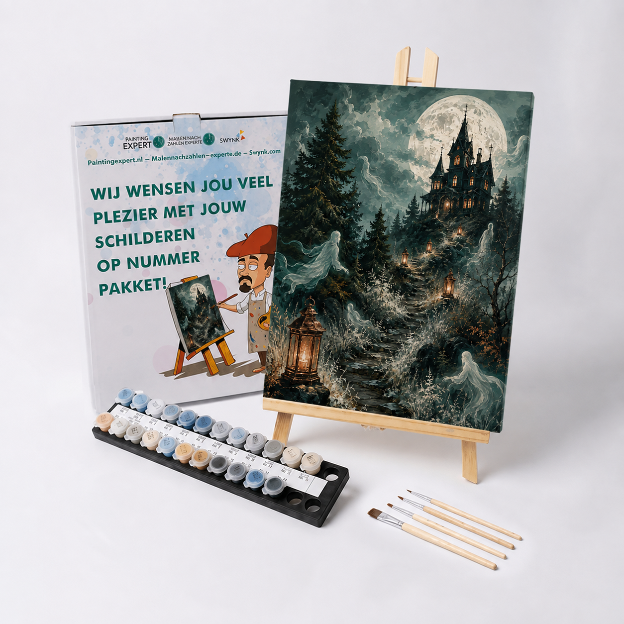 Schilderen op nummer Het spookhuis bij de witte maan met verf en penselen