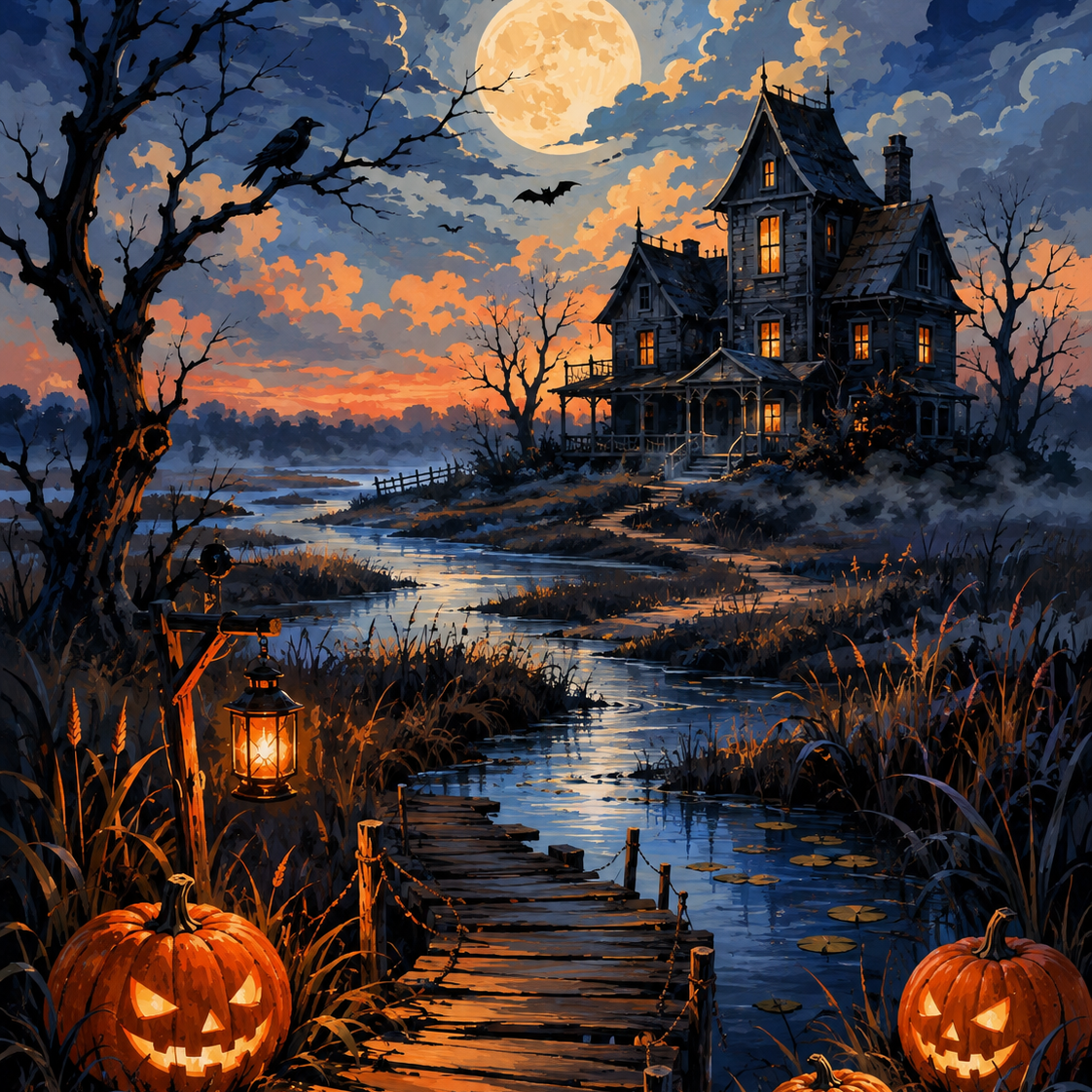 Schilderen op nummer Het verlaten huis aan het moeras – Halloween