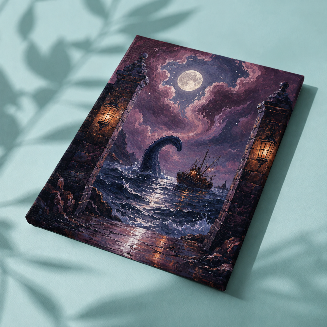 Afgewerkt canvas Het zeemonster in de maanstorm op stof
