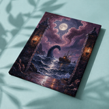 Afgewerkt canvas Het zeemonster in de maanstorm op stof