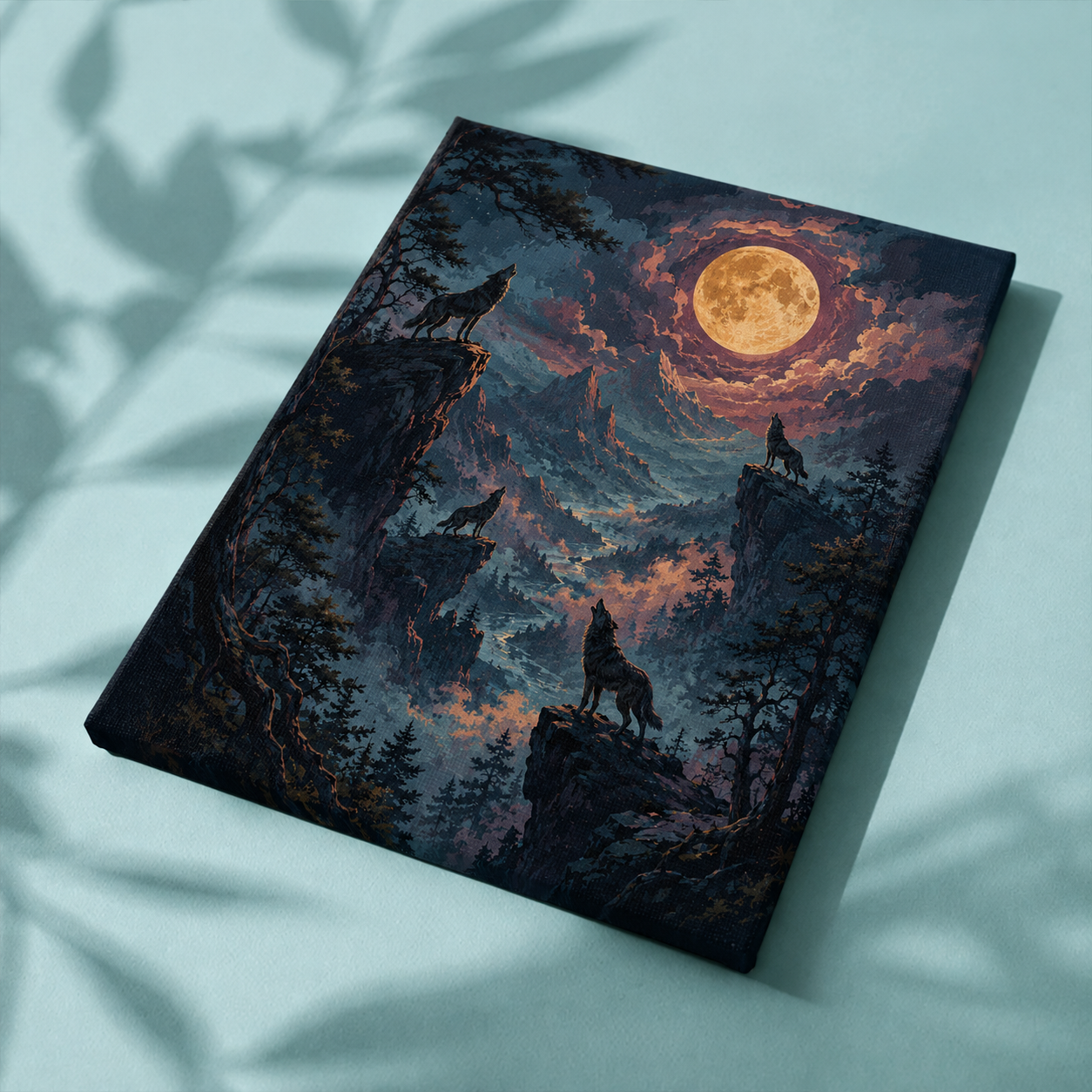 Afgewerkt canvas Huilen onder de volle maan op stof