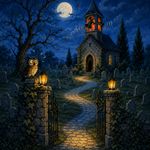 Schilderen op nummer Klokken boven de oude kapel – Halloween