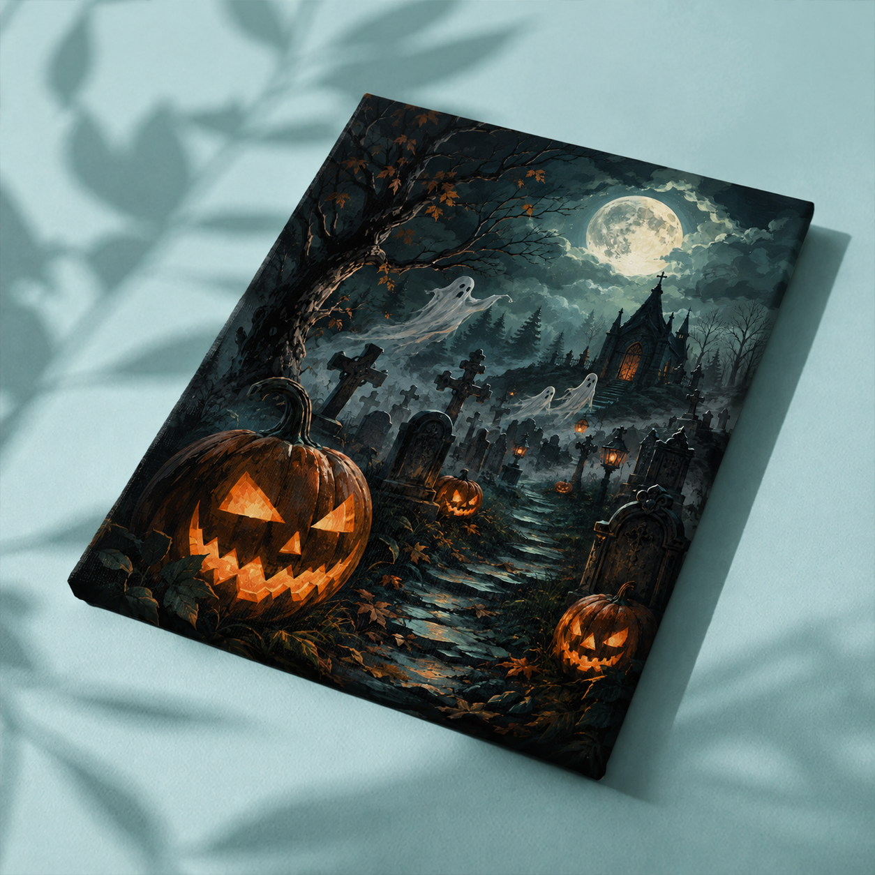 Afgewerkt canvas Middernacht op het spookkerkhof op stof