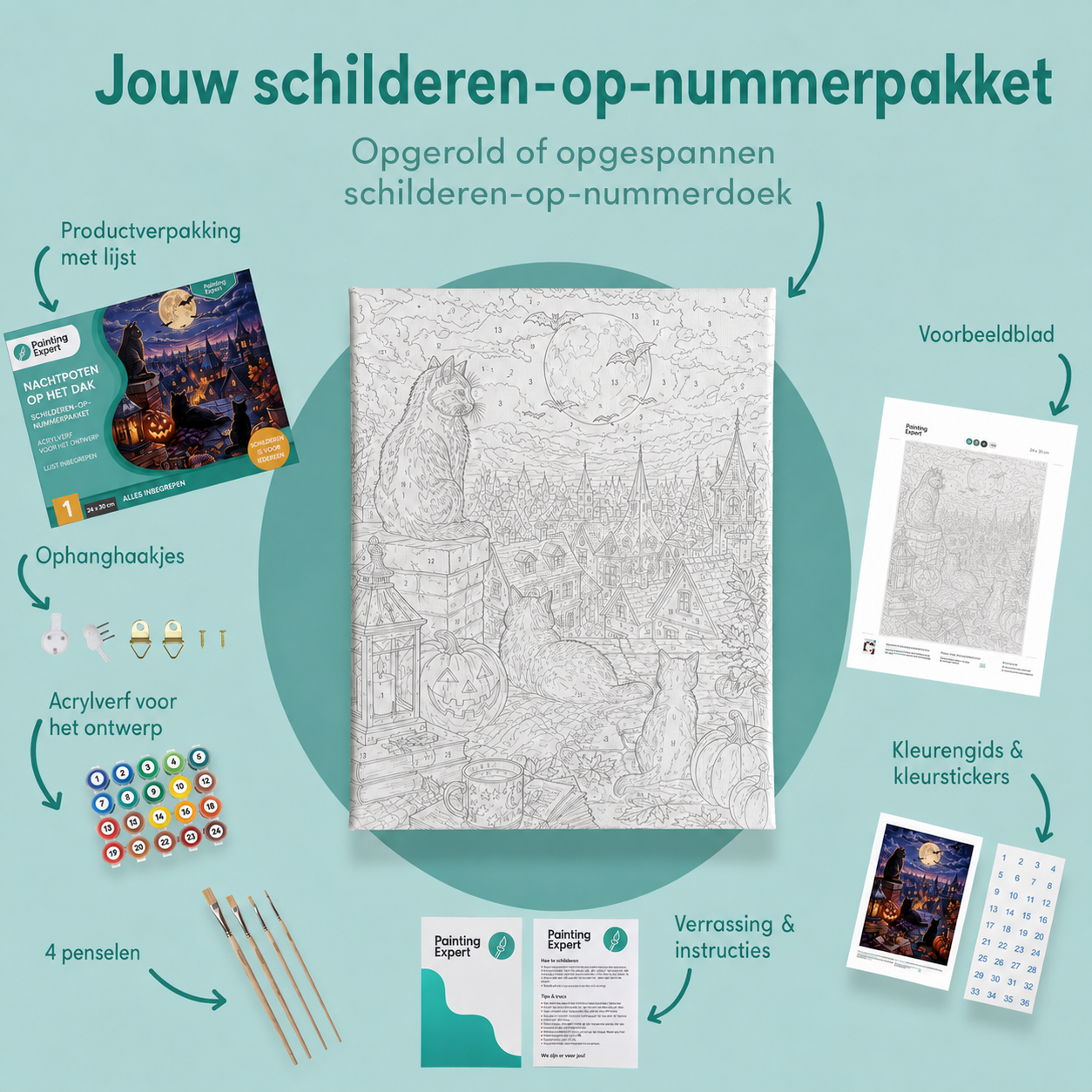 Inhoud van het schilderen-op-nummerpakket Nachtpoten op het dak