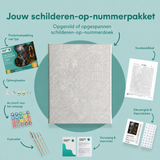 Inhoud van het schilderen-op-nummerpakket Ogen in het donkere raam