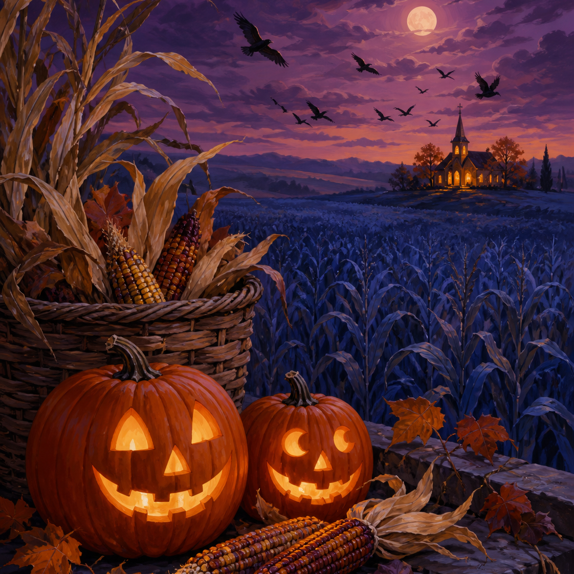 Schilderen op nummer Oktoberschemering boven het korenveld – Halloween