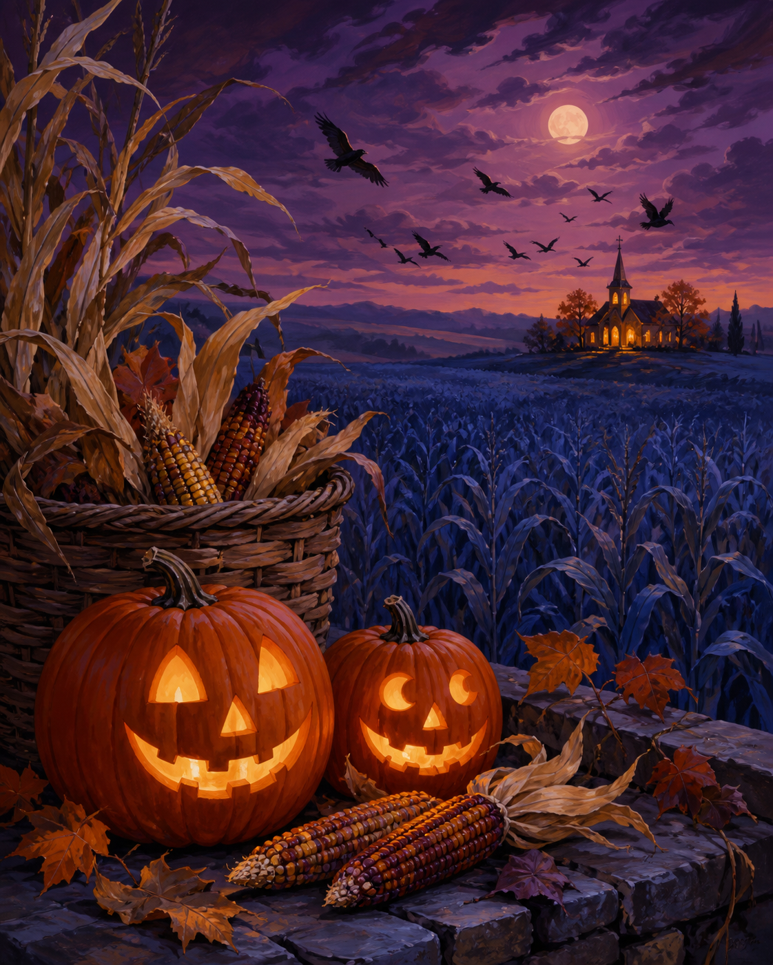 Schilderen op nummer Oktoberschemering boven het korenveld – Halloween
