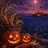 Schilderen op nummer Oktoberschemering boven het korenveld – Halloween