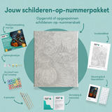 Inhoud van het schilderen-op-nummerpakket Pad door het pompoenmoeras