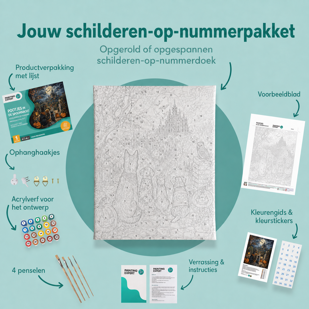 Inhoud van het schilderen-op-nummerpakket Pootjes in de spooknacht