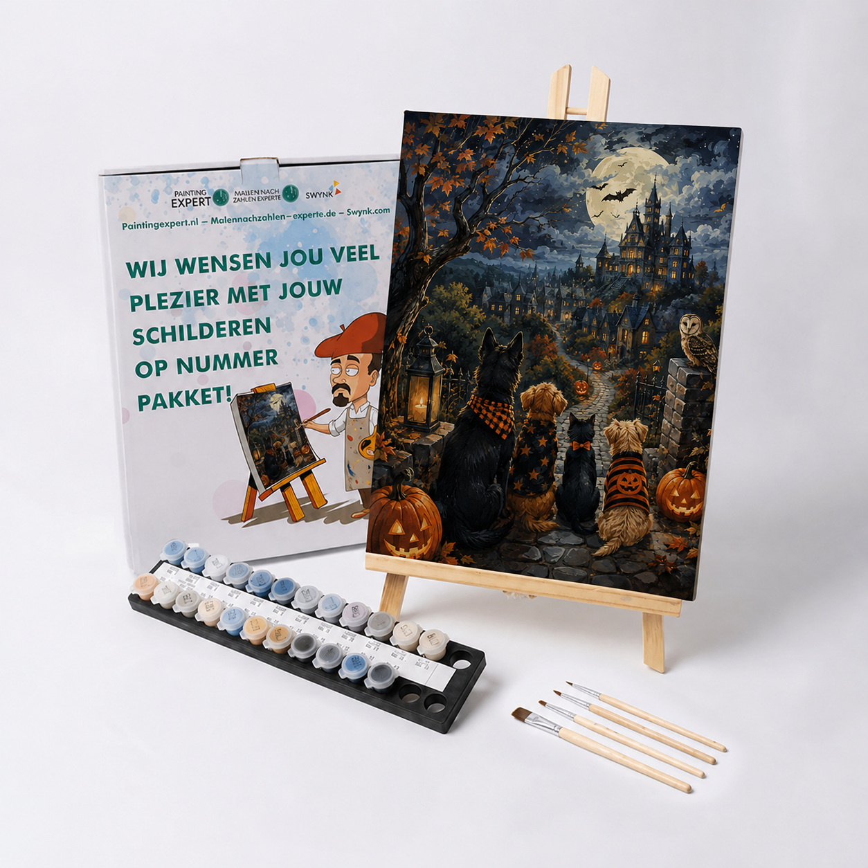 Schilderen op nummer Pootjes in de spooknacht met verf en penselen