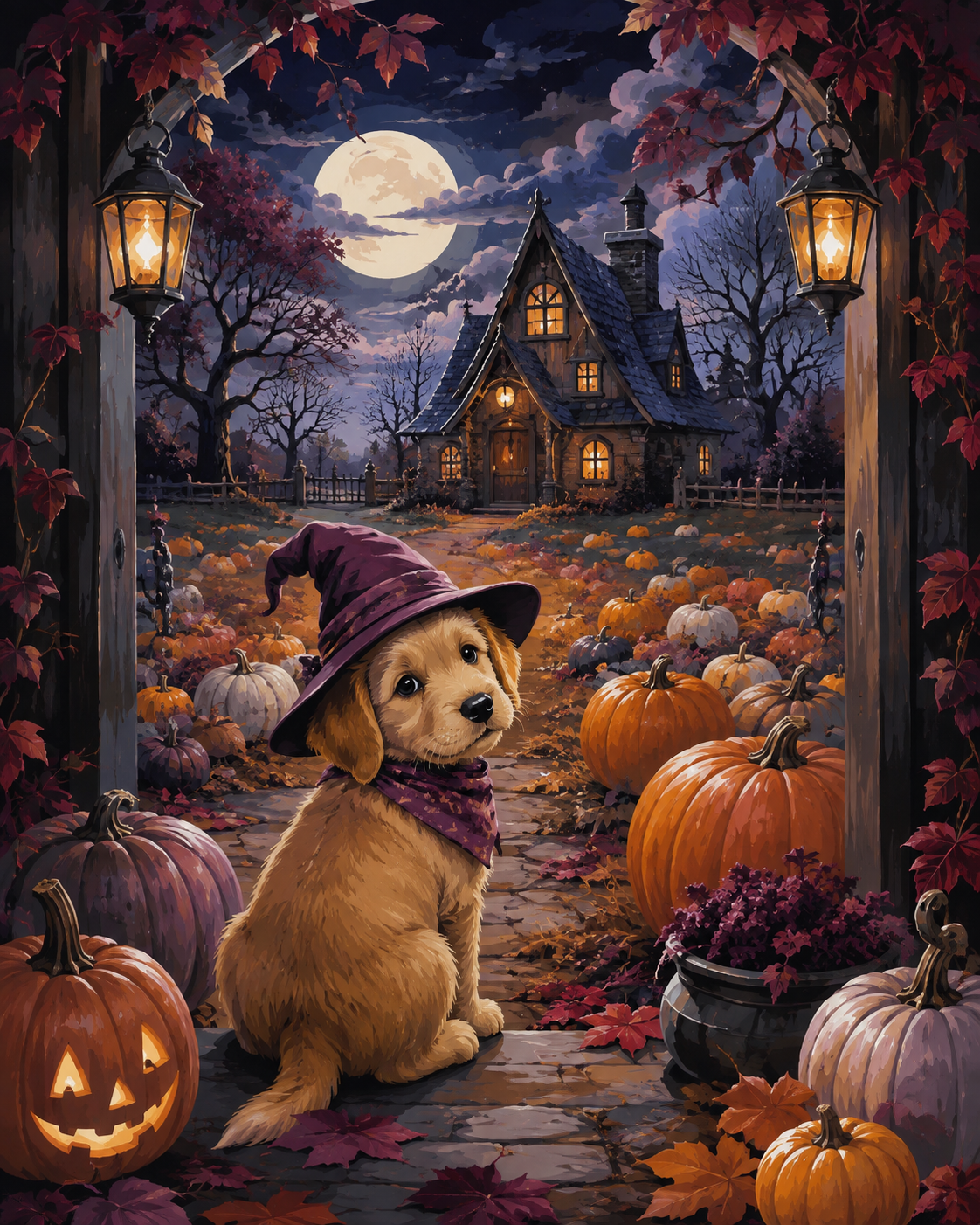 Schilderen op nummer Puppy in het pompoenveld – Halloween