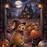 Schilderen op nummer Puppy in het pompoenveld – Halloween
