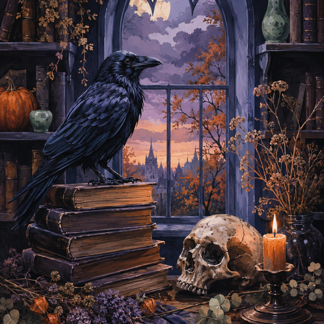 Schilderen op nummer Raaf, boeken en een oude schedel – Halloween