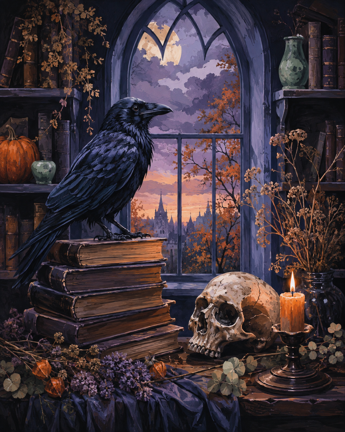 Schilderen op nummer Raaf, boeken en een oude schedel – Halloween