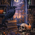 Schilderen op nummer Raaf, boeken en een oude schedel – Halloween