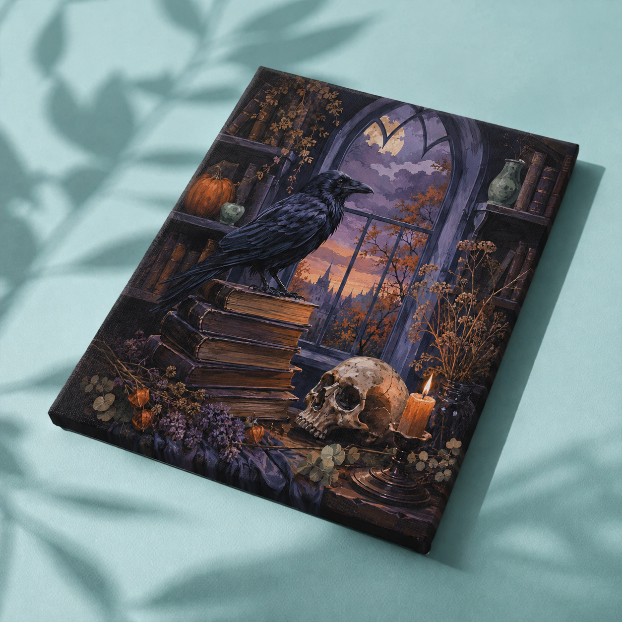 Afgewerkt canvas Raaf, boeken en een oude schedel op stof
