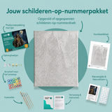 Inhoud van het schilderen-op-nummerpakket Schaduwen van de gotische kerk