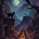 Schilderen op nummer Schaduwen van kat, raaf en wolf – Halloween