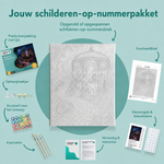 Inhoud van het schilderen-op-nummerpakket Séance bij kaarslicht