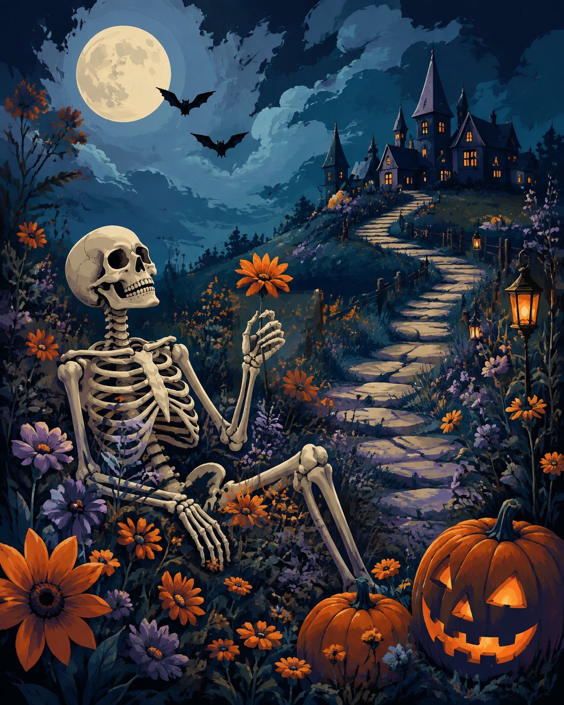 Schilderen op nummer Skelet tussen wilde bloemen – Halloween