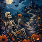 Schilderen op nummer Skelet tussen wilde bloemen – Halloween