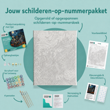 Inhoud van het schilderen-op-nummerpakket Skelet tussen wilde bloemen