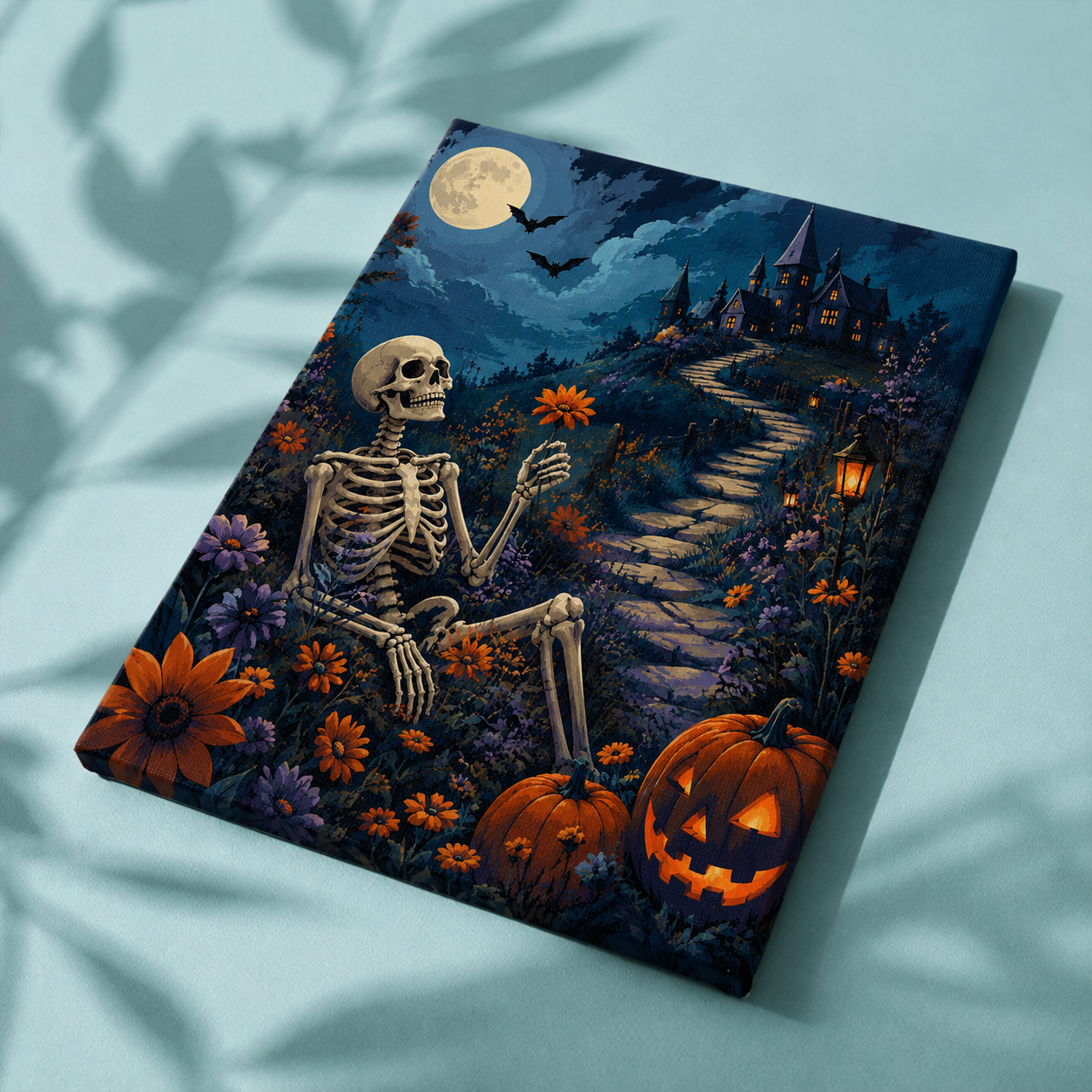 Afgewerkt canvas Skelet tussen wilde bloemen op stof
