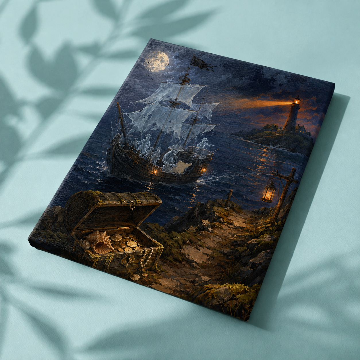 Afgewerkt canvas Spookpiraten voor de vuurtoren op stof