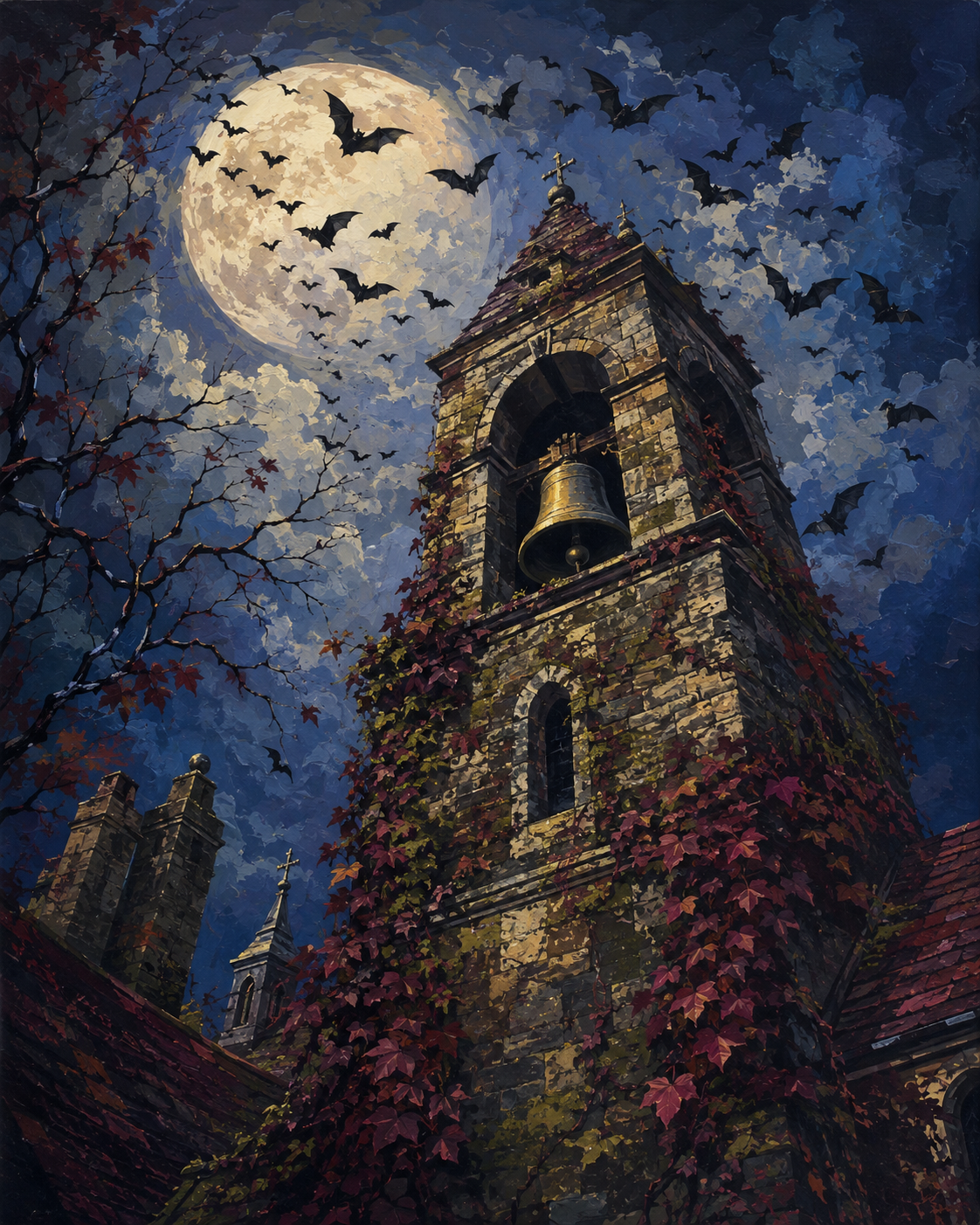 Schilderen op nummer Vleermuizen boven de klokkentoren – Halloween