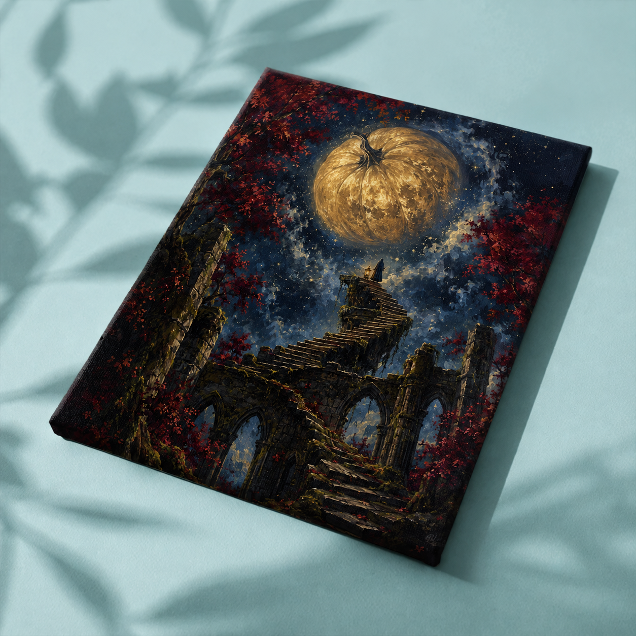 Afgewerkt canvas Voorbij de pompoenmaan op stof