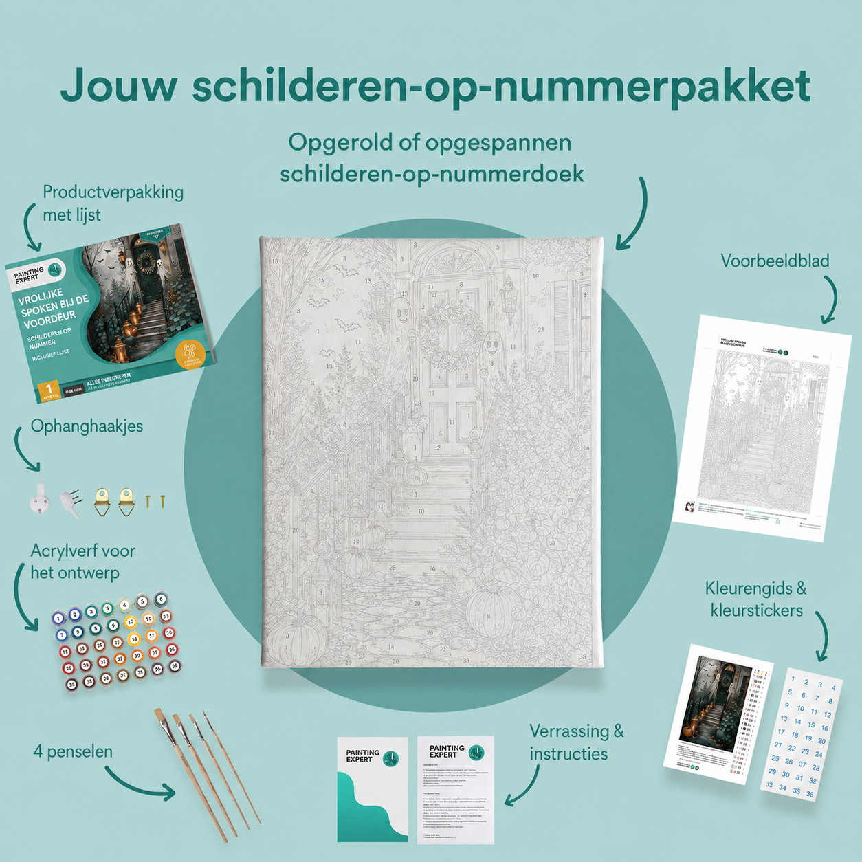 Inhoud van het schilderen-op-nummerpakket Vrolijke spoken bij de voordeur