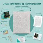 Inhoud van het schilderen-op-nummerpakket Wie roert er in de heksenketel